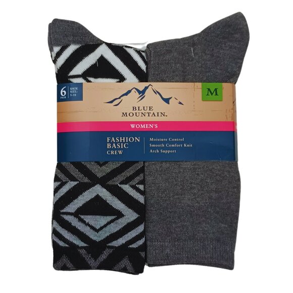 Women's 6 Pack Crew Socks Blue Mountain - Gray, Black, White - Size M (5-10) New - Picture 3 of 6